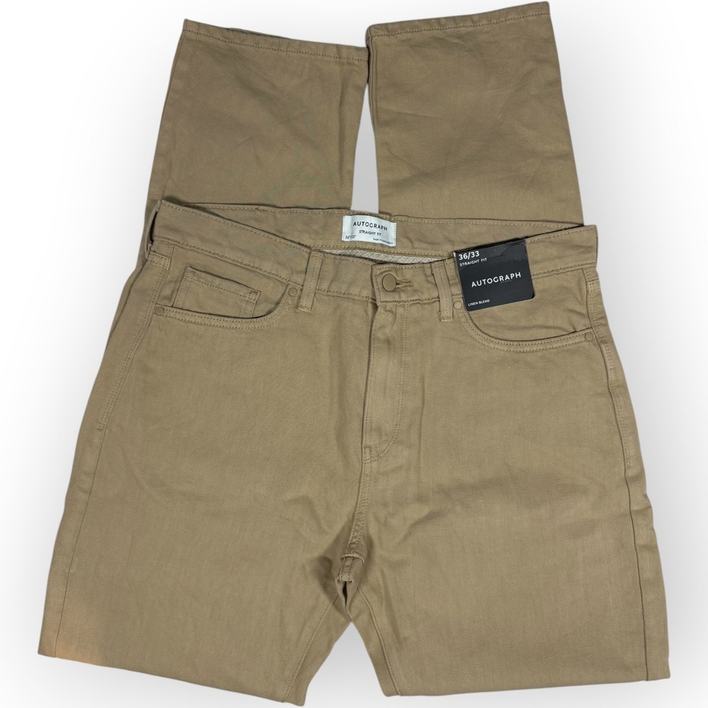Autograph Linen Blend Straight Fit Pants 36/33 Fawn Tan Cotton NWT